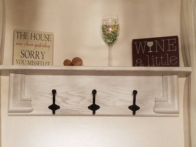 White Wash Oak Coat Rack Shelf Rustic Wall Decor With 3 Wrought Iron Hooks - image 1