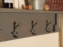 White Wash Oak Coat Rack Shelf Rustic Wall Decor With 3 Wrought Iron Hooks - thumbnail 2
