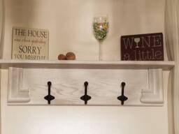 White Wash Oak Coat Rack Shelf Rustic Wall Decor With 3 Wrought Iron Hooks - thumbnail 1