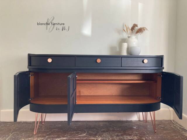 Mid Century Luxury Sideboard Nathan - Curved Teak Black Copper Hairpin Legs - image 1
