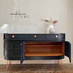 Mid Century Luxury Sideboard Nathan - Curved Teak Black Copper Hairpin Legs - thumbnail 3