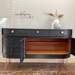 Mid Century Luxury Sideboard Nathan - Curved Teak Black Copper Hairpin Legs - thumbnail 4