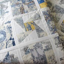 Toile De Jouy Quilt Blue Yellow Ivory - Handmade Patchwork Throw French Country One Of A Kind - thumbnail 2