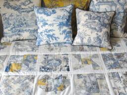 Toile De Jouy Quilt Blue Yellow Ivory - Handmade Patchwork Throw French Country One Of A Kind