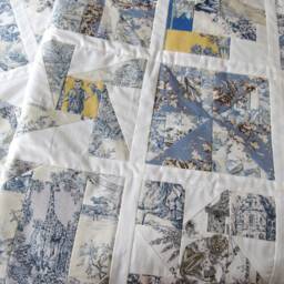 Toile De Jouy Quilt Blue Yellow Ivory - Handmade Patchwork Throw French Country One Of A Kind - thumbnail 3
