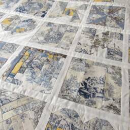 Toile De Jouy Quilt Blue Yellow Ivory - Handmade Patchwork Throw French Country One Of A Kind - thumbnail 4