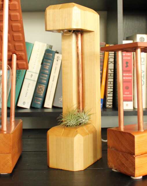 Geometric Crystal Lamp & Air Plant Holder Made Of Wood Copper - Poplar, Oak Or Checkerboard Pattern - image 1