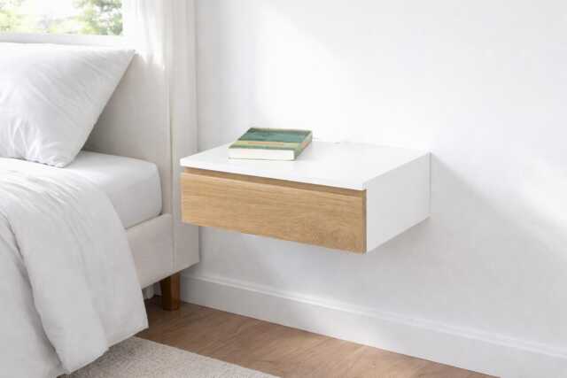 White Lacquer Floating Nightstand With Oak Drawer, Modern Wall Mount Small Bedside Table, Blanca Sleek Drawer - image 1