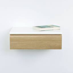 White Lacquer Floating Nightstand With Oak Drawer, Modern Wall Mount Small Bedside Table, Blanca Sleek Drawer - thumbnail 3