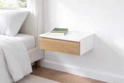 White Lacquer Floating Nightstand With Oak Drawer, Modern Wall Mount Small Bedside Table, Blanca Sleek Drawer