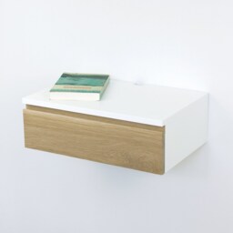 White Lacquer Floating Nightstand With Oak Drawer, Modern Wall Mount Small Bedside Table, Blanca Sleek Drawer - thumbnail 2