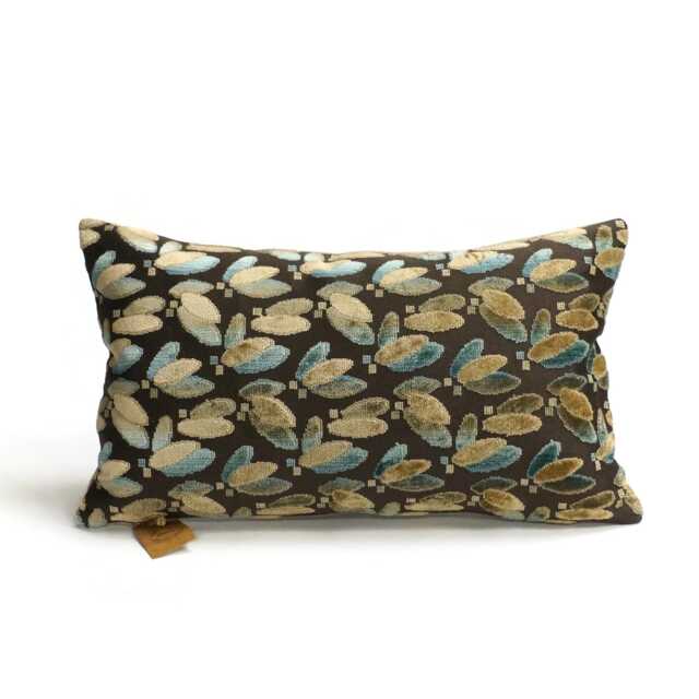 Vintage Cut Velvet Lumbar Pillow Cover, Beige & Blue Floral - image 1