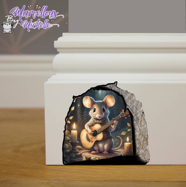 Handmade Cute Mouse Playing A Guitar in Hole Wall, Skirting Board, Door Sticker, Decal Children's Kids Decoration M12
