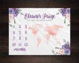 World Milestone Blanket, Baby Floral Map Personalized Shower Gift, Girl