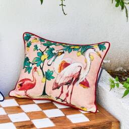 Flamingo Garden Corduroy Pillow Cover, Botanical Lumbar Cushion - thumbnail 2