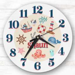 Nautical Sealife Boat Whale Personalised Gift For Kid's Bedroom Clock - Kids Clock, Children's , Custom Wall - thumbnail 1