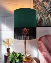 Green Fringed Lampshade in Velvet With Black Fringe - thumbnail 1