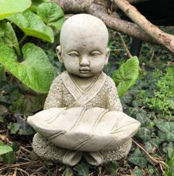 Monk W Leaf Bird Feeder Stone Statue - Buddha Oriental Garden Outdoor Ornament - thumbnail 1