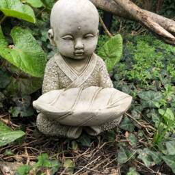 Monk W Leaf Bird Feeder Stone Statue - Buddha Oriental Garden Outdoor Ornament - thumbnail 2