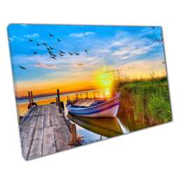 Sunset Wall Art Print On Canvas - Tranquil Horizon Scene With Flock Of Birds Still Boat Perfect For Home Office Decor - thumbnail 1