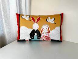 Japanese Bunny Wedding Pillow Case, Rabbit Throw For Kids, Bunny's in Kimono Bedding Cover, Gift Cover - thumbnail 1