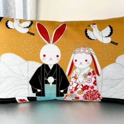 Japanese Bunny Wedding Pillow Case, Rabbit Throw For Kids, Bunny's in Kimono Bedding Cover, Gift Cover - thumbnail 2