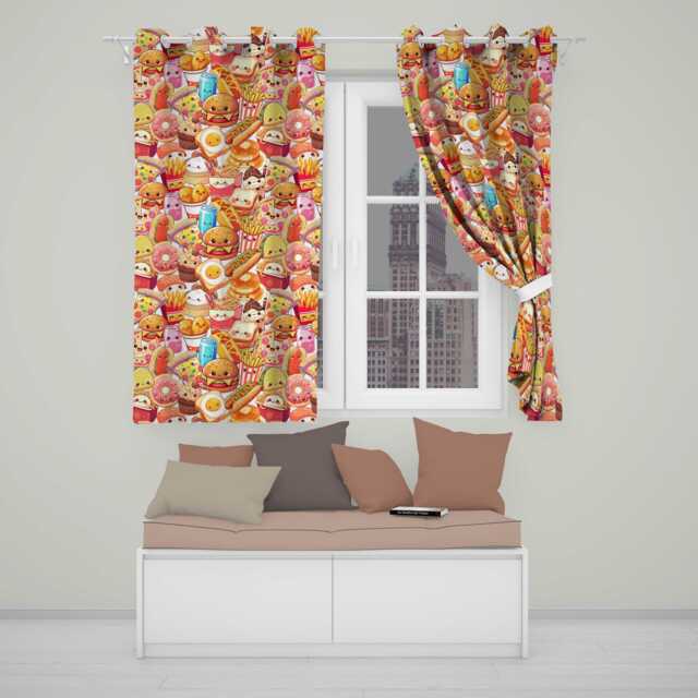 Cute Kawaii Fast Food Junk Snack Collage Seamless Pattern White Background Readymade Eyelet Ring Top Thermal 100% Blackout Curtains - image 1