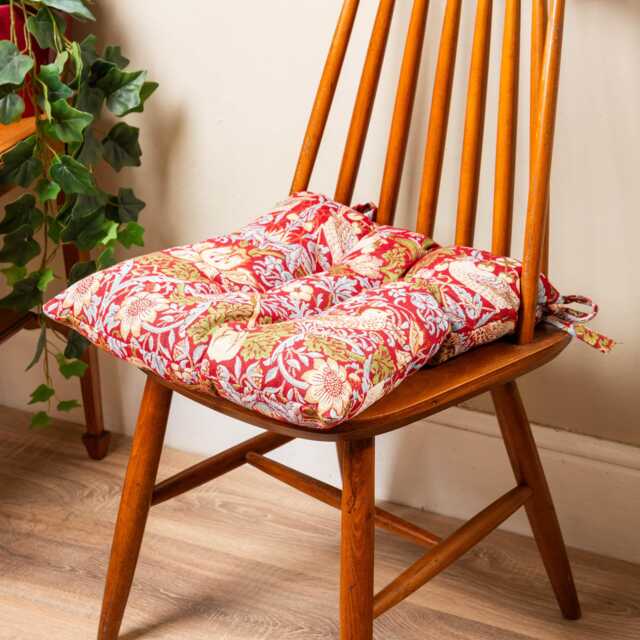 "William Morris Strawberry Thief Tapestry Quilted Seat Pad in Red. Luxury Dining Chair With Ties. Deep-Filled & Supersoft. 16X16"" X 3" - image 1