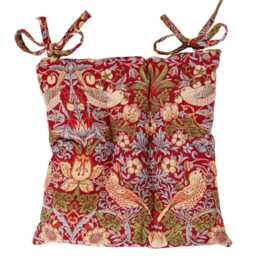 "William Morris Strawberry Thief Tapestry Quilted Seat Pad in Red. Luxury Dining Chair With Ties. Deep-Filled & Supersoft. 16X16"" X 3" - thumbnail 2