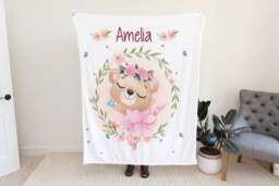 Teddy Bear Blanket Girl, Custom Name Blanket, Personalized Baby Girl With Watercolor - Shower Gift - thumbnail 1