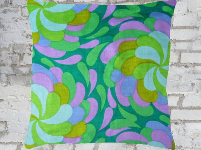 Retro Pillow Case Twirls, Green Purple Blue, Cushion Cover, 60S 70S Vintage Fabric Maximalist Era, Mid-Century Flower Power, Boho Pop Art - image 1