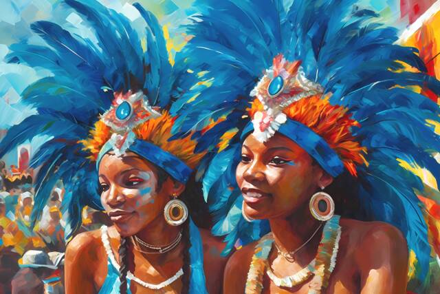 Caribbean Carnival Print Of Girls in Blue Costumes - image 1