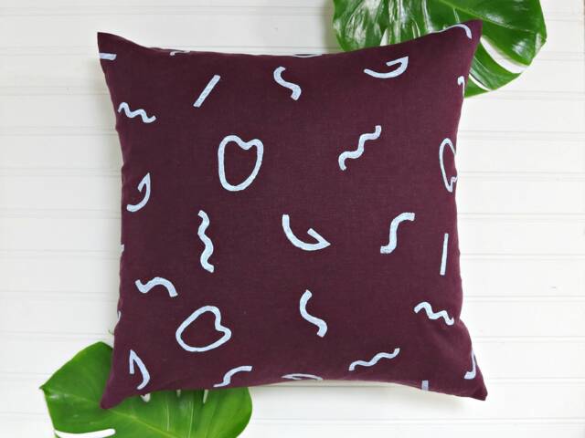 Maroon Linen Pillow Cover With Light Blue Squiggle Print // Block Printed Wiggles Burgundy Chianti Flax Decorative Throw Cushion Bedding - image 1