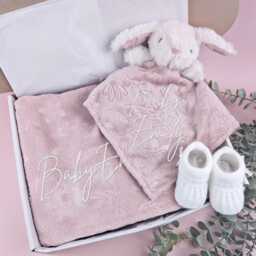 Embroidered Rose Pink Fluffy Bunny Comforter Blanket Gift Set, Baby Shower Gift, Booties, Newborn Girl