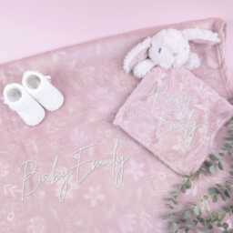 Embroidered Rose Pink Fluffy Bunny Comforter Blanket Gift Set, Baby Shower Gift, Booties, Newborn Girl - thumbnail 2