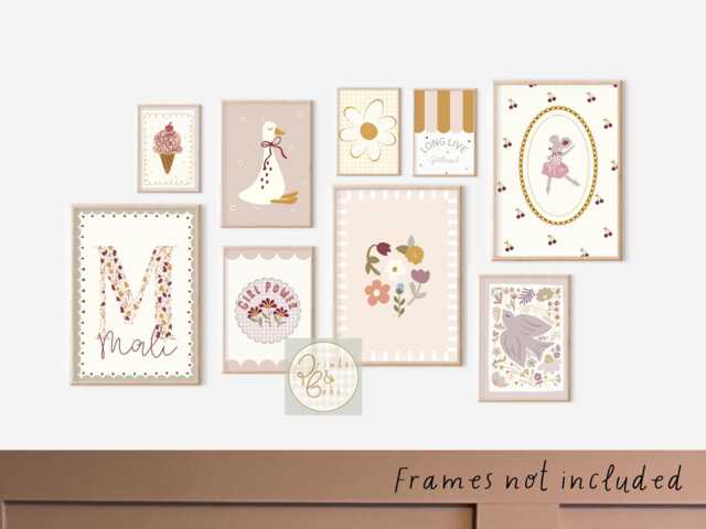 Set Of 9 Girls Dusty Pink & Sage Green Gallery Wall Prints For A Room, Playroom Or Nursery - Unframed - image 1