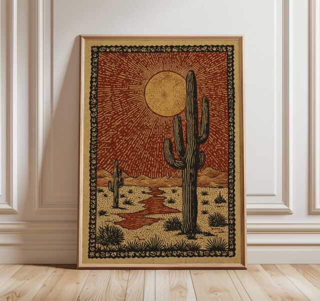 Desert Cactus Sun Poster, Rustic Southwest Wall Art Print in Folk Illustration Style - image 1