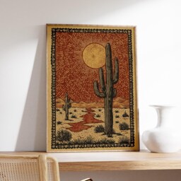 Desert Cactus Sun Poster, Rustic Southwest Wall Art Print in Folk Illustration Style - thumbnail 2