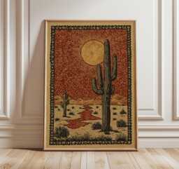 Desert Cactus Sun Poster, Rustic Southwest Wall Art Print in Folk Illustration Style - thumbnail 1