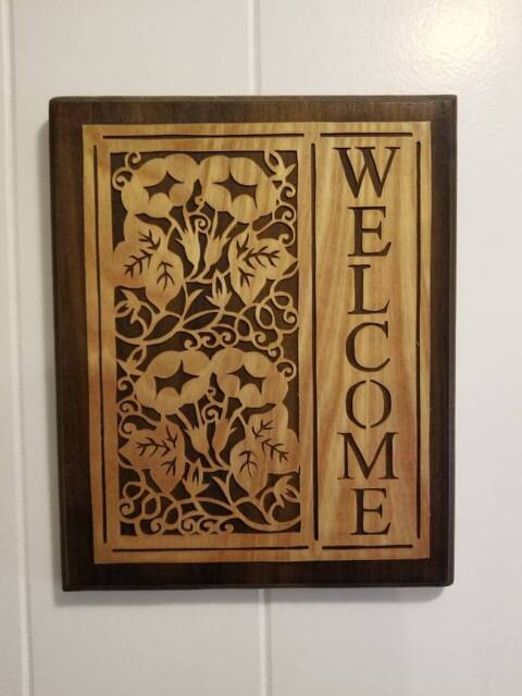 Hand Cut Wooden Welcome Sign Floral Design - image 1