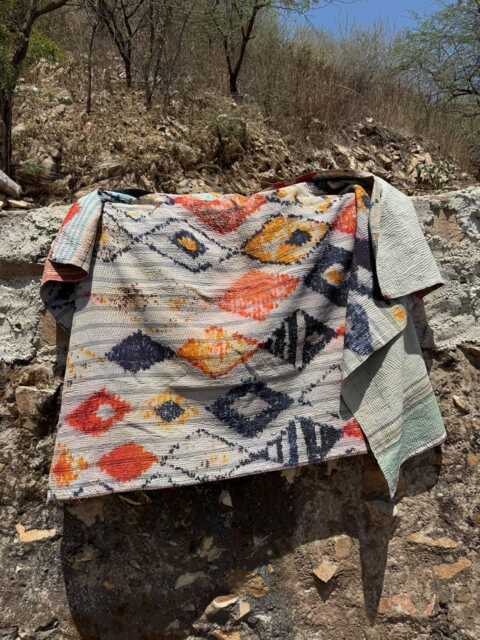 Kantha Quilt With Persian Art Designs - Hand-stitched Cotton Throw - 150x225 cm - image 1