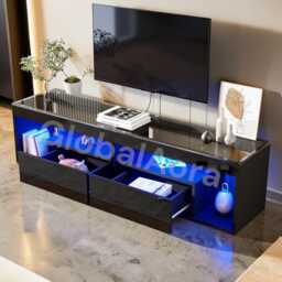 High Gloss Tv Stand With Led Lights, 2 Drawer Glass Top Entertainment Center, Black Sideboard Cabinet, Living Room Bedroom Decor - thumbnail 3