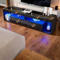 High Gloss Tv Stand With Led Lights, 2 Drawer Glass Top Entertainment Center, Black Sideboard Cabinet, Living Room Bedroom Decor - thumbnail 4
