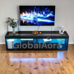 High Gloss Tv Stand With Led Lights, 2 Drawer Glass Top Entertainment Center, Black Sideboard Cabinet, Living Room Bedroom Decor