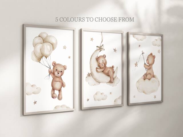 Baby Nursery Teddy Bear Prints - A4 Or A3 Size Stars Cloud Moon Boy Girl Wall Art Gender Unisex Neutral Beige Natural Boho Balloon - image 1