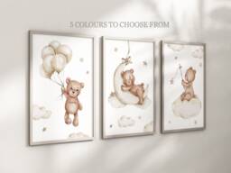 Baby Nursery Teddy Bear Prints - A4 Or A3 Size Stars Cloud Moon Boy Girl Wall Art Gender Unisex Neutral Beige Natural Boho Balloon - thumbnail 1