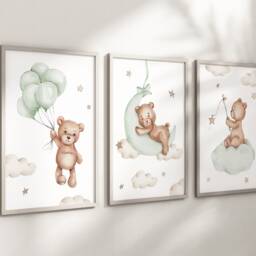 Baby Nursery Teddy Bear Prints - A4 Or A3 Size Stars Cloud Moon Boy Girl Wall Art Gender Unisex Neutral Beige Natural Boho Balloon - thumbnail 3