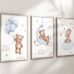Baby Nursery Teddy Bear Prints - A4 Or A3 Size Stars Cloud Moon Boy Girl Wall Art Gender Unisex Neutral Beige Natural Boho Balloon - thumbnail 2