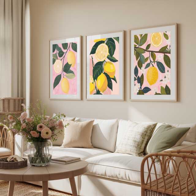 Set Of 3 Lemon Fruit Art Prints, Wall , Citrus Print, Home Decor, Kitchen Wall Art, Lemons Poster , Bedroom Prints , Home Decor - image 1