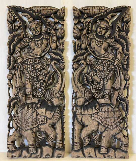 Wood Wall Art Carving Thai Guardian Angels Sculpture 2 Panel Asian Carved Elephant Picture Hand Teak Ethnic Wooden Mounted 35.5 - image 1